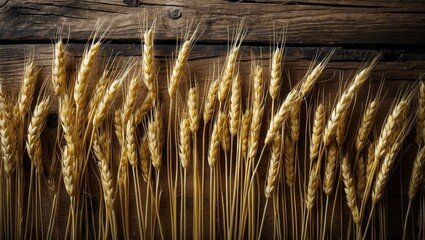 Grain of barley on a wooden surface The main element is barley grain.
