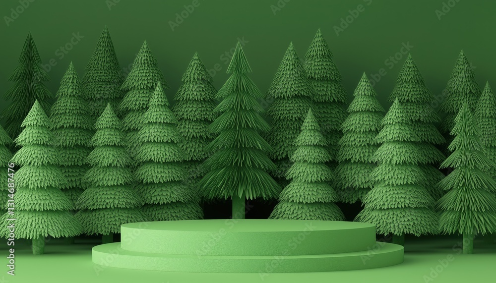Poster christmas mockup: handcrafted green paper pine trees and empty stage for product presentation with e