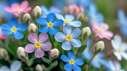 Forget me not flowers in closeup, featuring blue, pink, and white colors. Selective focus, with a blurred background.