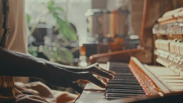 Concentrated Black musician in fedora hat and round glasses playing soulful jazz melody on vintage piano in bar filled with warm sunlight streaming through window. Tilt-up shot