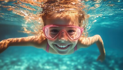 Naklejka premium Young Girl Enjoying A Swim Beneath The Waves Of The Ocean. Exploring The Underwater World With Joy And Curiosity. Underwater Adventure.