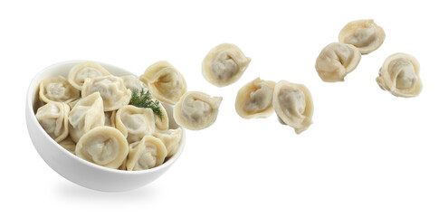 Tasty boiled dumplings (pelmeni) and bowl in air against white background
