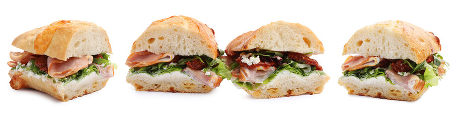 Delicious sandwich on white background, set. Tasty snack