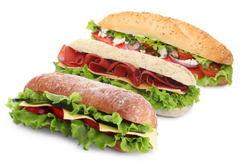 Delicious sandwiches on white background, set. Tasty snack