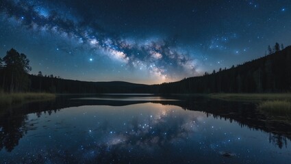 With a starry sky, a natural lake, a body of water, and reflections of the cosmos, stars, and planets, this represents an abstract nighttime dream landscape.