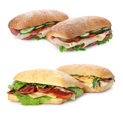 Different delicious sandwiches on white background, collage