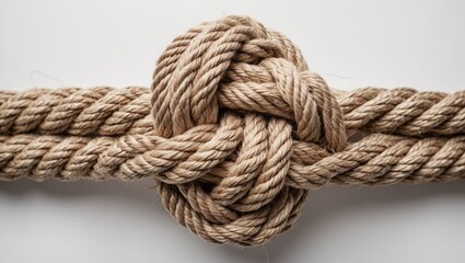 Close-up of a knot featuring a Running bowline loop on a thick jute rope, set against a plain background.