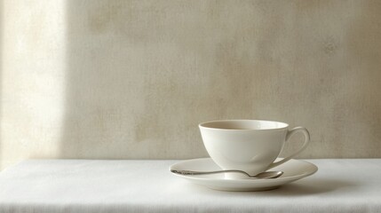 Fototapeta premium Tea in a classic porcelain cup with a silver spoon resting on a white saucer, simple elegance