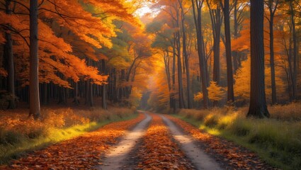 Autumn forest landscape featuring a path covered in fall leaves and warm light highlighting the golden foliage. Scenic footpath in autumn forest nature. Bright day in a vibrant forest, road lined w...