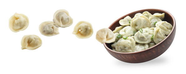 Tasty boiled dumplings (pelmeni) and bowl in air against white background