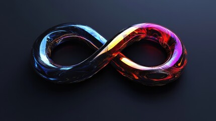 Naklejka premium A 3D-rendered infinity symbol with a crystal-clear body and shifting metallic hues, set against a dark, moody backdrop.
