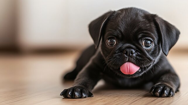 Cute Black Pug Puppy Licking the Floor