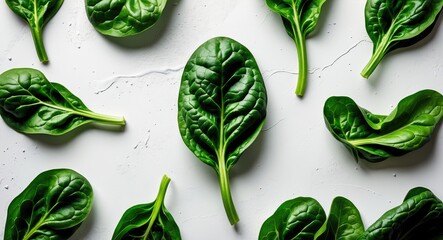 Obraz premium Isolated spinach leaf on a white background. Aerial view of fresh, young spinach in green. Laid flat.