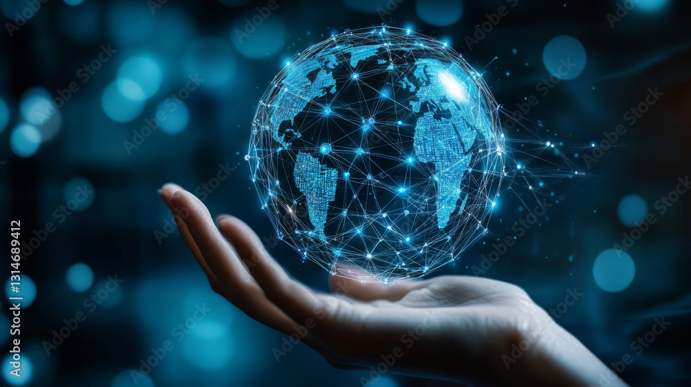 Poster a concept of digital security technology, illustrated by an abstract globe resting on a human hand w
