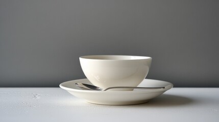 Fototapeta premium Tea in a classic porcelain cup with a silver spoon resting on a white saucer, simple elegance
