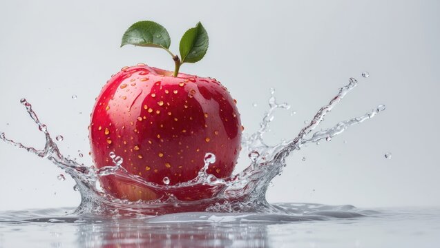 Fresh Red Apple splashing in water, isolated on a white background, with Red Apple featuring water drops on the white background.