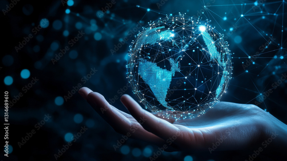 Poster a concept of digital security technology, illustrated by an abstract globe resting on a human hand w