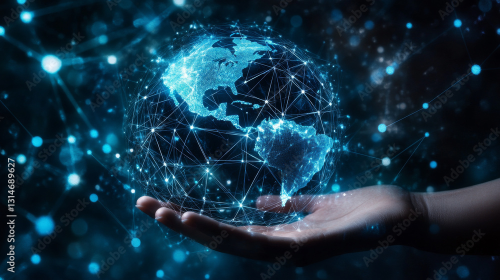 Poster a concept of digital security technology, illustrated by an abstract globe resting on a human hand w