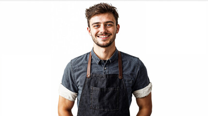 Fototapeta premium A portrait of a young man isolated on a white background, dressed in a dark barista apron with rolled-up sleeves, smiling, natural lighting