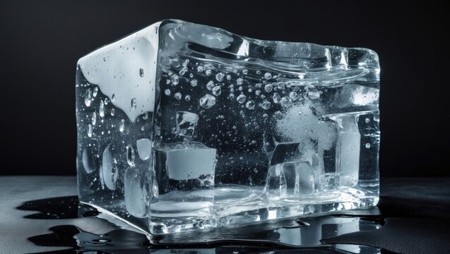 Large clear ice cube melting on a black background, Translucent block of ice.