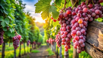 Fototapeta premium Lush Vineyard with Ripe Grapes and Scenic Landscape at Sunset