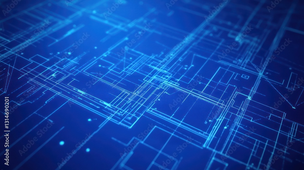 Poster abstract blueprint design with glowing lines on blue background