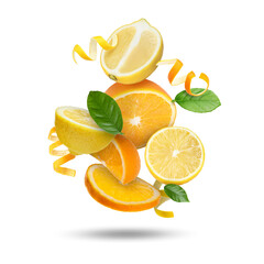 Lemon, orange, zest and green leaves in air on white background