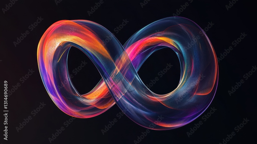 Poster a translucent infinity loop with shifting holographic colors, floating with elegance against a deep 
