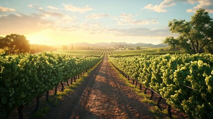 Naklejka premium A picturesque vineyard at sunset, featuring rows of lush grapevines stretching towards the horizon under a vibrant sky.