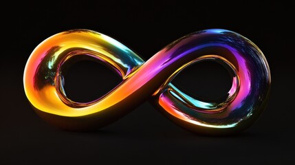 A translucent infinity loop with shifting holographic colors, floating with elegance against a deep black backdrop.
