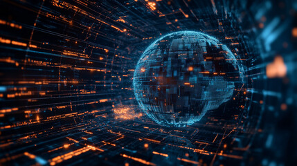 A digitally generated image showcasing global data processing, emphasizing worldwide business, finance, computing, and connectivity