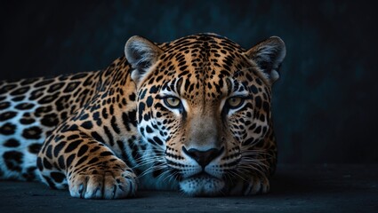 Obraz premium Jaguar portrait against a dark background. Image of a big cat lying down.