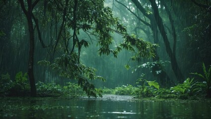 Fototapeta premium When it rains in the green forest, the rainwater interacts with the components of the forest, such as the tree canopy, branches, and vegetation. The canopy protects the forest floor, reducing the i...