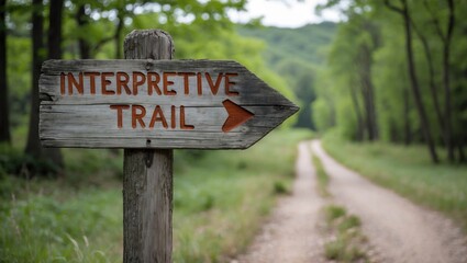 signpost indicating interpretive trail with arrow on wooden post