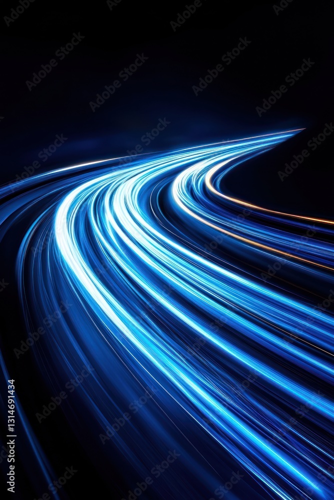 Poster dynamic blue light trails winding through a dark space