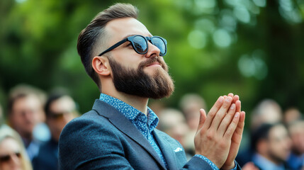 Bearded businessman with sunglasses clasping hands in prayer during a public gathering, showing faith and spirituality