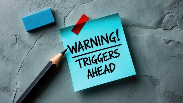 Blue sticky note with handwritten message WARNING! triggers ahead - the idea of recognizing your triggers, to be aware of or identify emotional triggers when facing something challenging.