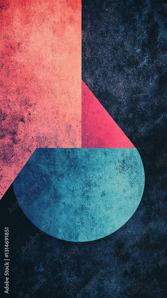 Poster abstract image with textured coral, pink, and teal geometric shapes on a dark background, showcasing