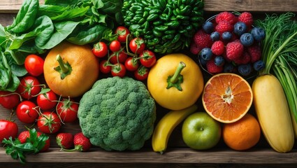 Vibrant raw fruits and vegetables.