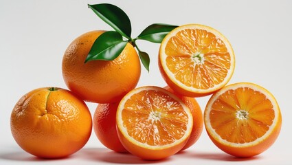 Fresh oranges sliced in half, isolated on a white background.