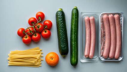 Food for donation or home delivery, horizontal, top view, blank space