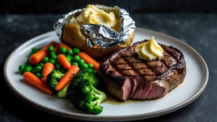 Indoor shot of a grilled steak, mixed vegetables, and a baked potato garnished with creamy butter on a western-style plate against a dark backdrop.