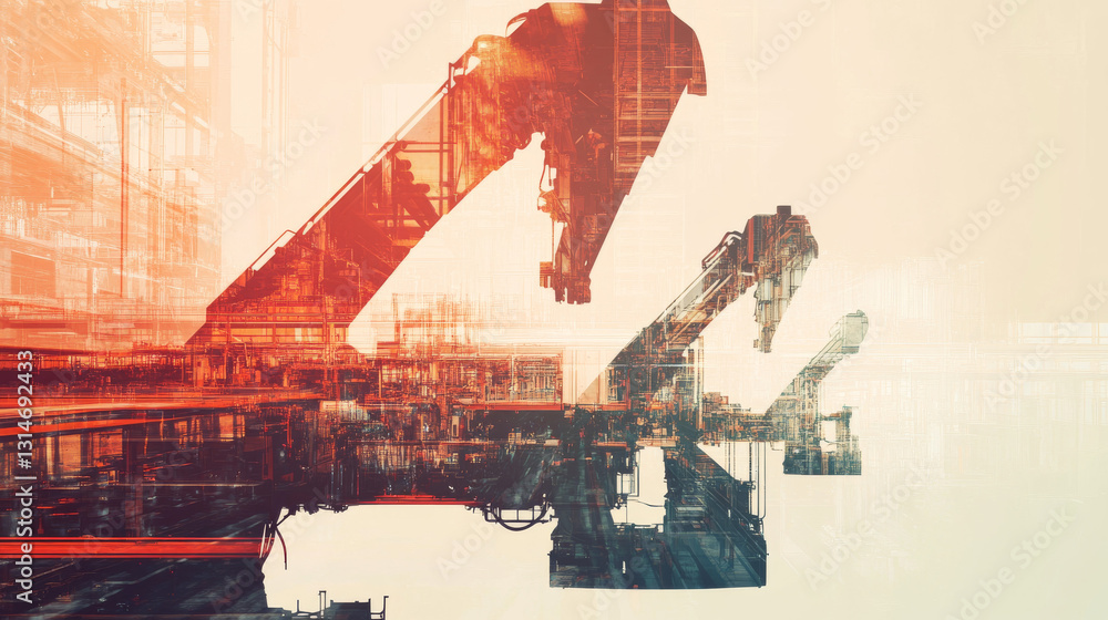Poster a double exposure image of mechanized robotic arms in an industrial setting, symbolizing ai-driven a