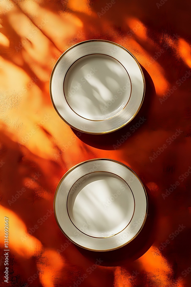 Poster empty white porcelain plates with gold trim on orange background with dramatic shadow play from wind