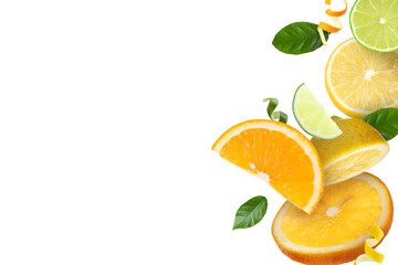 Lime, lemon, orange, zest and green leaves in air on white background