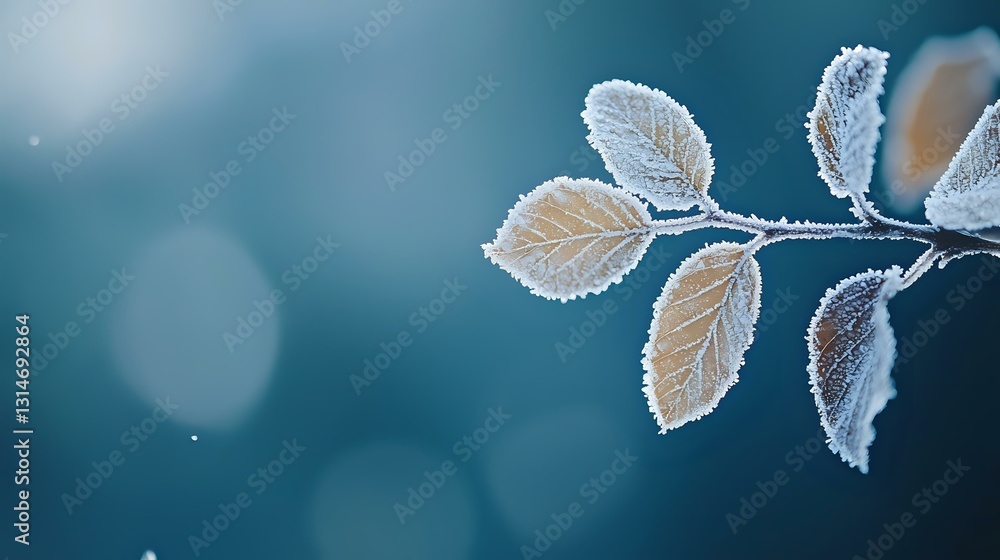 Poster delicate frost-covered leaves on branch against blurred teal background with bokeh lights create ser