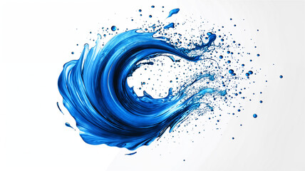 A swirling explosion of deep blue paint splashes, isolated on a white background, with droplets and streaks extending outward in a bold, dynamic motion