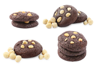 Yummy chocolate cookies with hazelnuts isolated on white, set