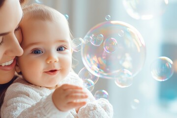 A dad gently blowing bubbles for his baby, who is reaching out with wide eyes and laughter
