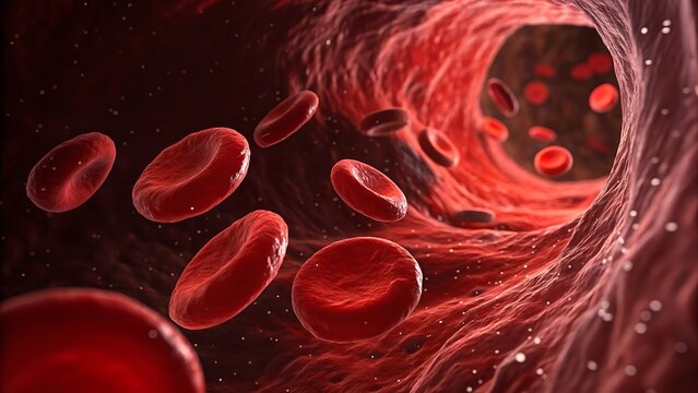 Microscopic view of red blood cells flowing through a vein.